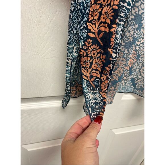 Democracy Blue & Rust Boho Open Front Kimono sz S/M NWT - Picture 3 of 7